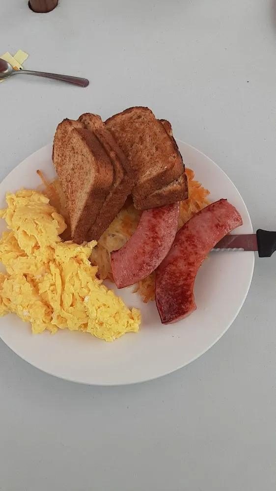 Eggs Hash Browns Toast and Kielbasa